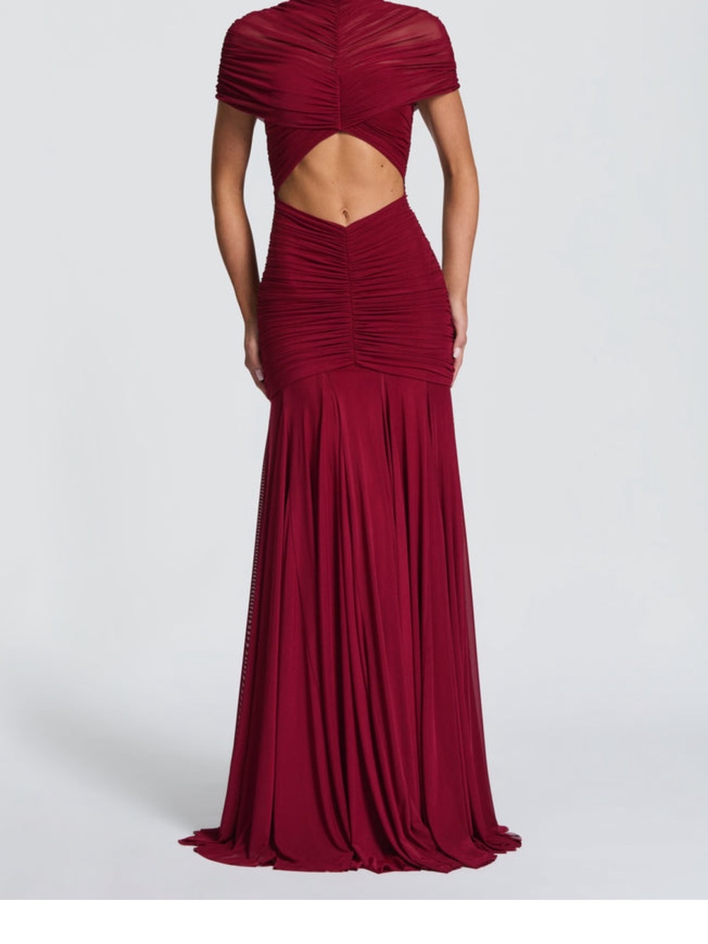 Ruched Cutout Maxi Dress in Burgundy